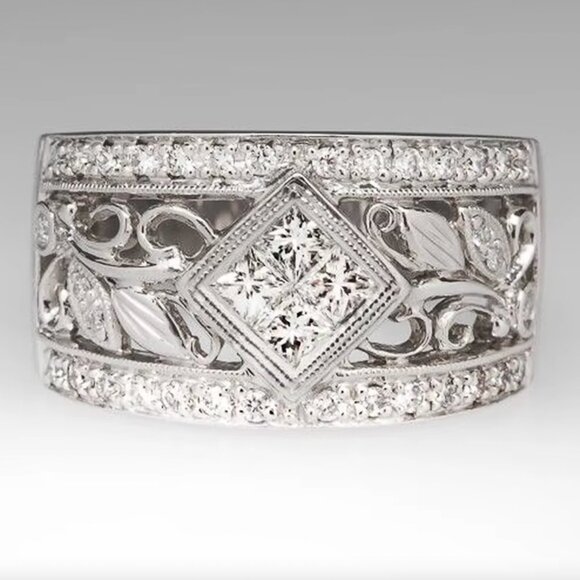 NEW 14K White Gold Diamond Ring Band Princess Cut Vintage Diamond Ring Band - Picture 5 of 5